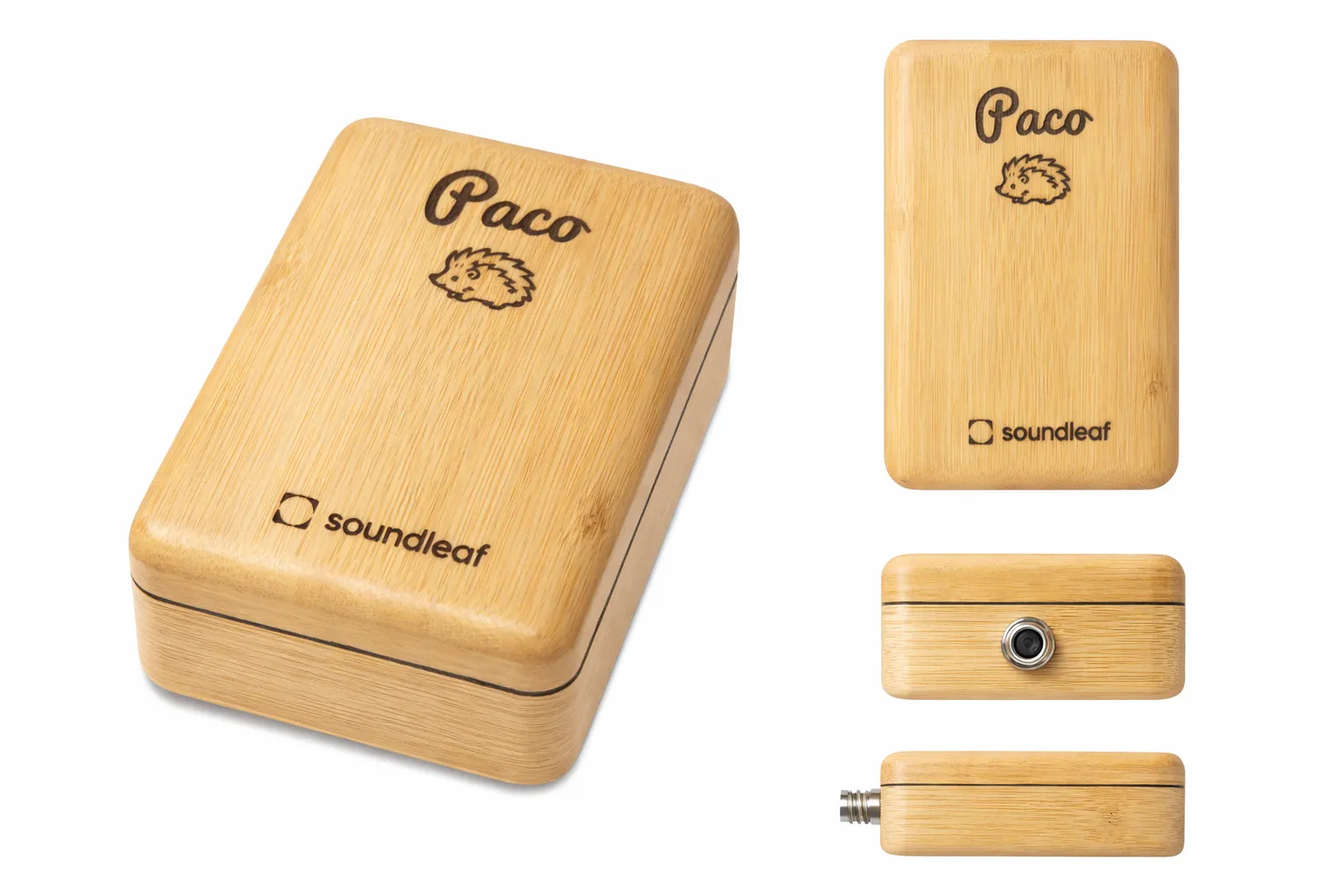 Paco — quatre vues du boîtier en bambou avec gravure 'Paco' et logo soundleaf